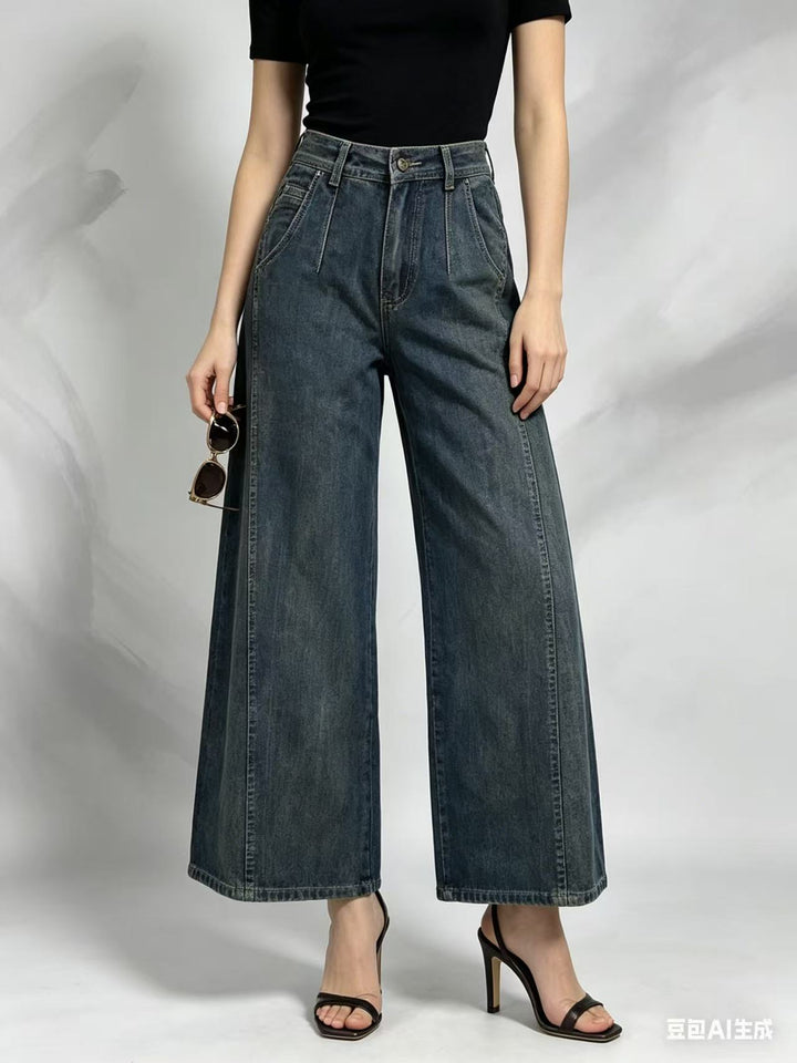 Women high waist pleated wide leg denim pants with cropped leg and decorative front pleats Mune Fashion