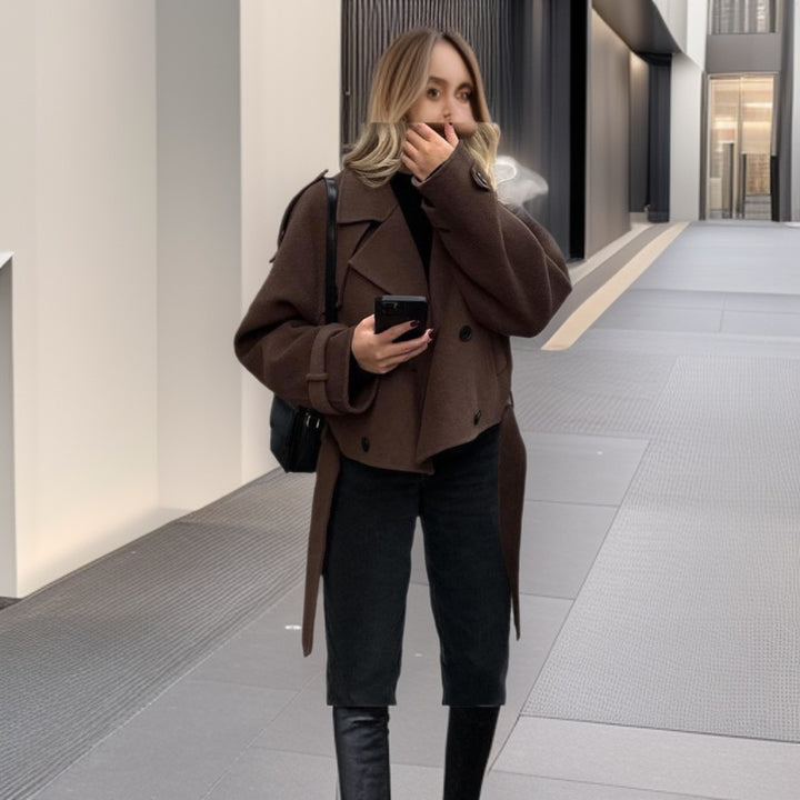 Women short cut oversized wool blend peacoat with wide lapels and tie belt Mune Fashion