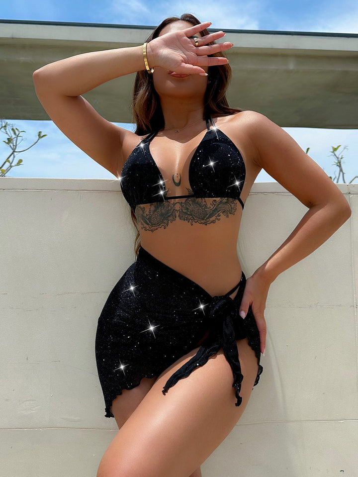 Women's Glamorous Bathing Bikini with Glittering Top and Playful Wrap Skirt Mune Fashion