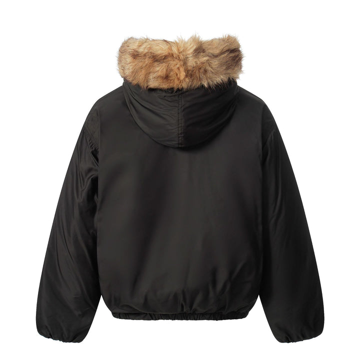 Ladies short jacket with faux fur trimmed hood and braided fur trim Mune Fashion