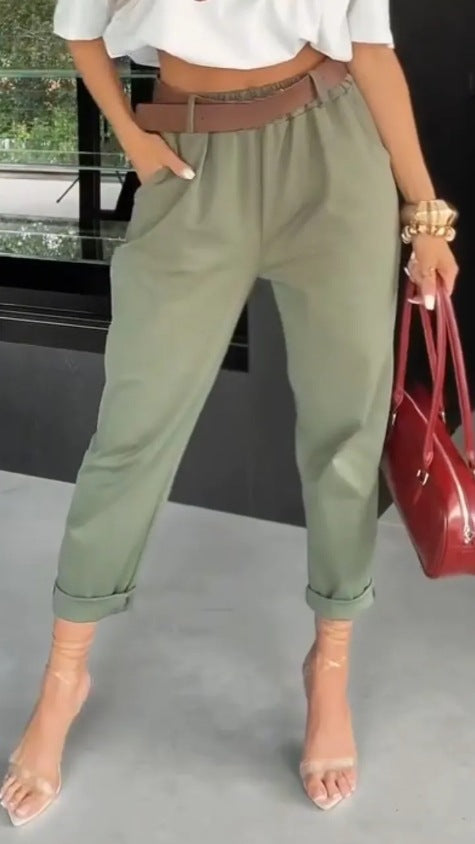 Women's high-waisted paperbag pants with gathered waistband, side pockets, and rolled hem Mune Fashion