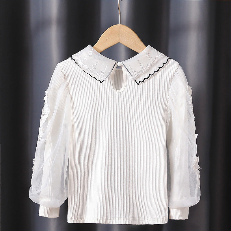 Girls fashionable blouse with elegant tulle sleeves and artistic lace decoration Mune Fashion