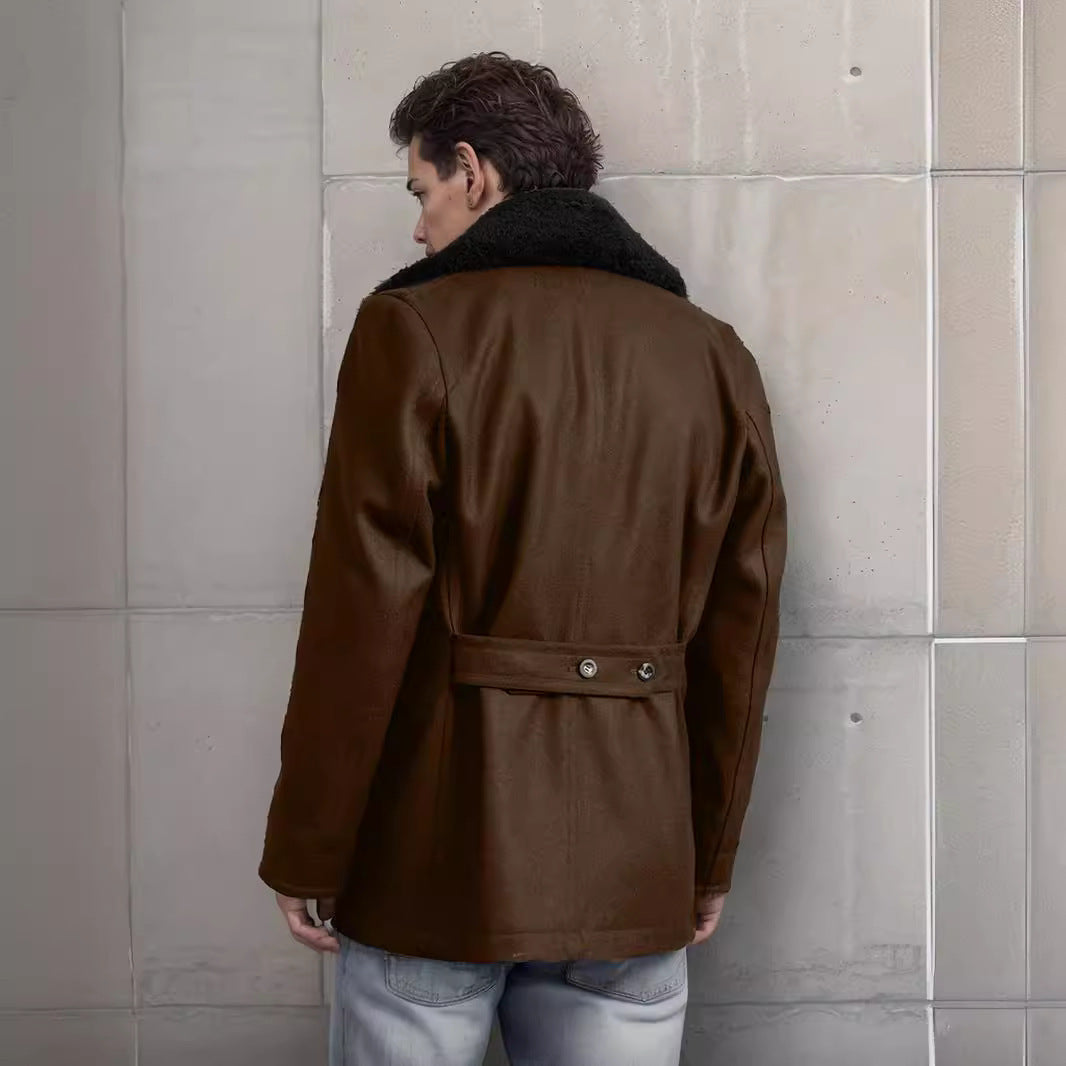 Men's short coat in pea coat style made of wool blend with voluminous teddy collar and side pockets Mune Fashion