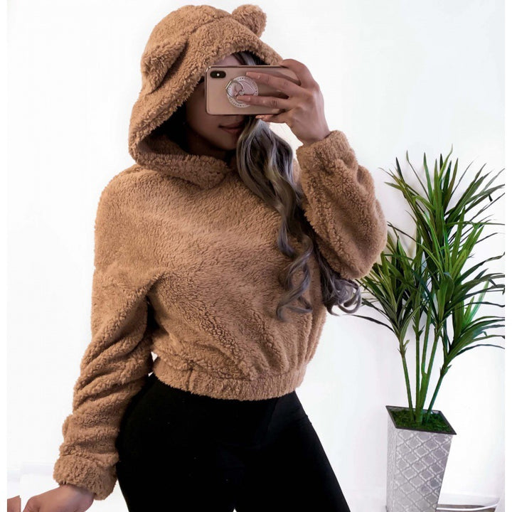 Women's Short Hooded Sherpa Pullover with Kangaroo Pocket and Elastic Hem Mune Fashion