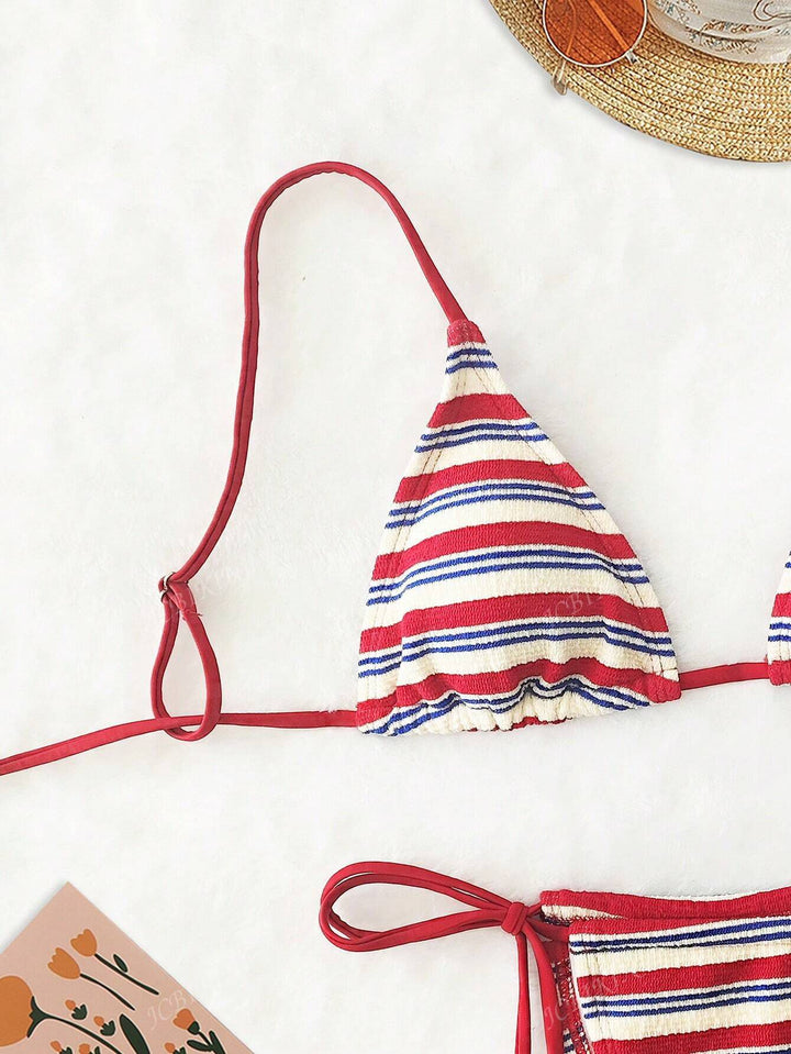 Women Triangle Bikini with Colorful Stripe Pattern Mune Fashion