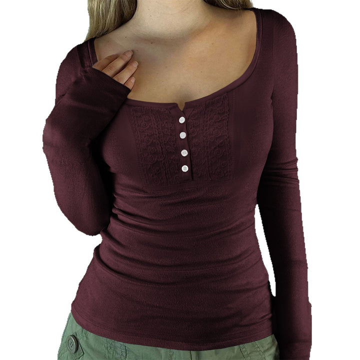 Women’s tailored long-sleeve shirt with square neckline, button placket, and fine lace trim Mune Fashion