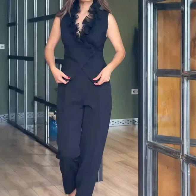 Women's sleeveless vest set with ruffled lace collar and high-cut pleated trousers in suit style Mune Fashion