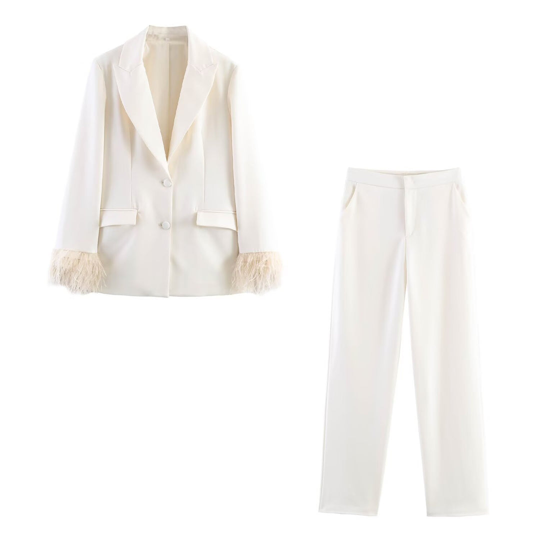 Women Two-Piece Pants Suit with Feather Trim on Sleeve Edges Mune Fashion