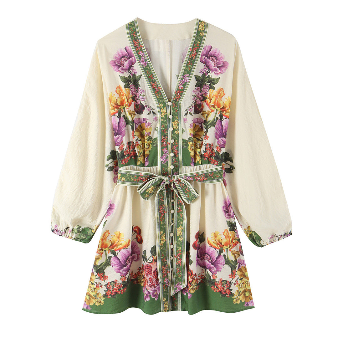 Women's short dress in kimono style with waist belt and V-neck Mune Fashion