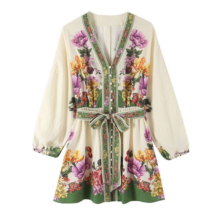Women's short dress in kimono style with waist belt and V-neck Mune Fashion