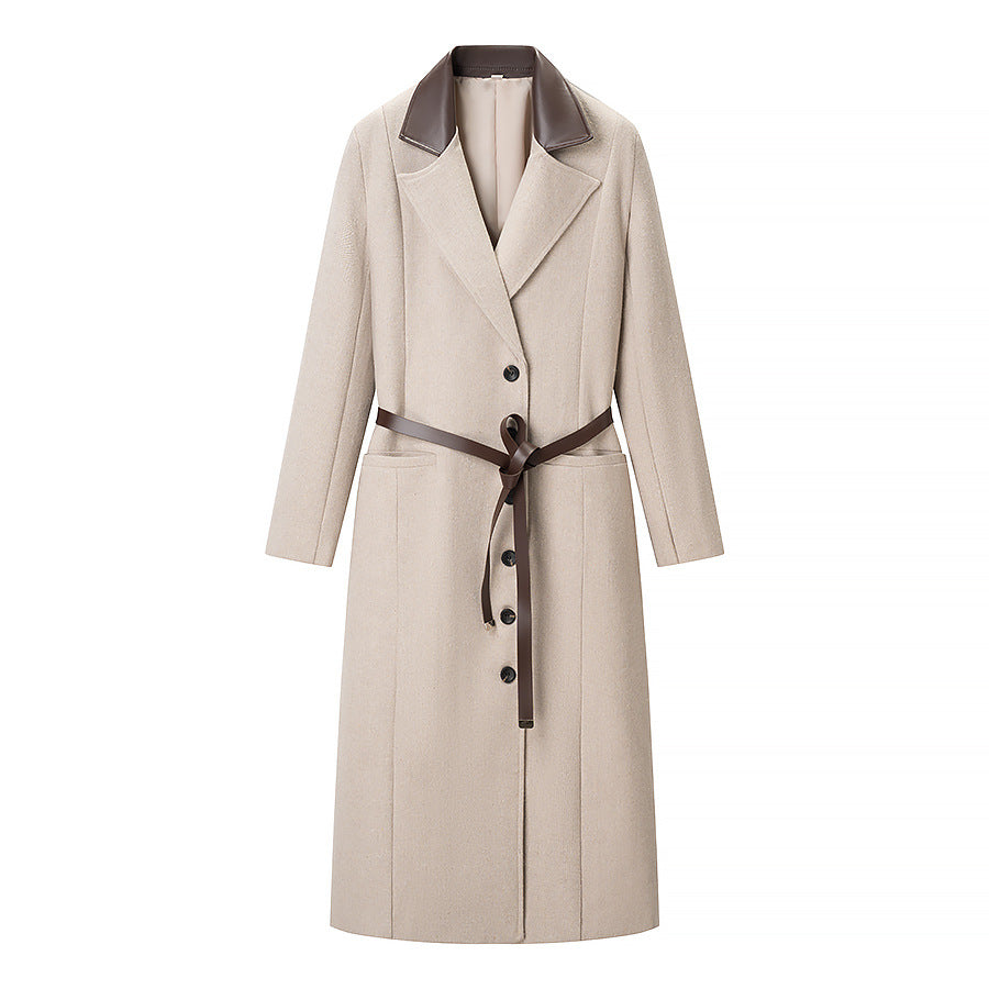 Women Tailored Wool Blend Coat with Herringbone Texture, Contrast Leather Collar and Leather Belt Mune Fashion