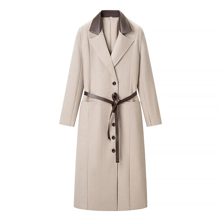 Women Tailored Wool Blend Coat with Herringbone Texture, Contrast Leather Collar and Leather Belt Mune Fashion