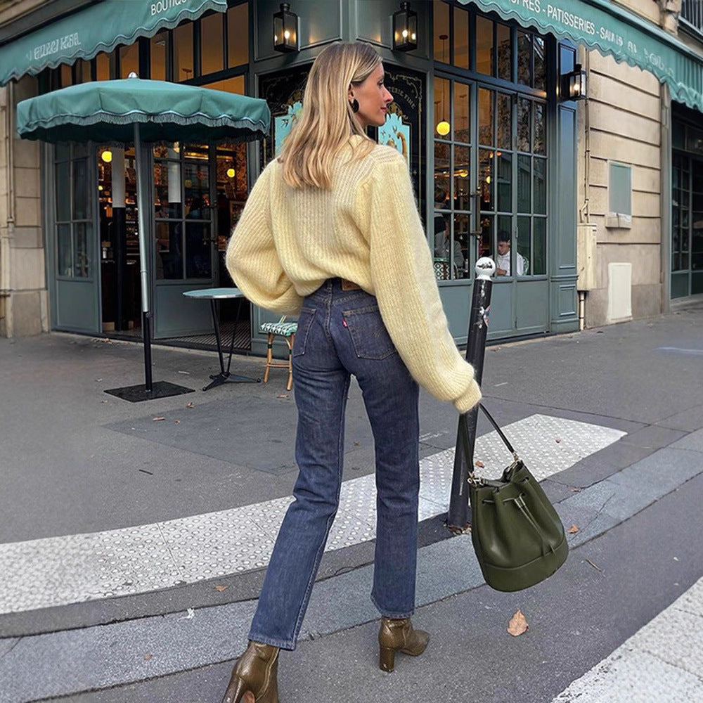 Women's Oversize Mohair Blend Sweater with Balloon Sleeves and Fine Rib Structure Mune Fashion
