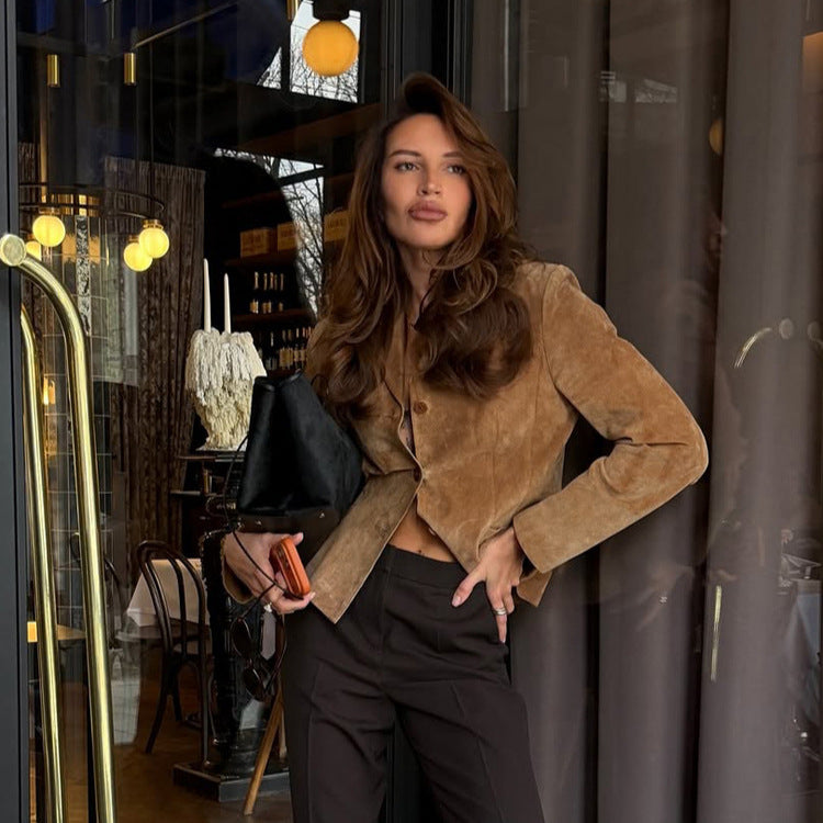 Women's Tailored Suede Blazer Jacket with Shirt Collar and Minimalist Decorative Stitches Mune Fashion