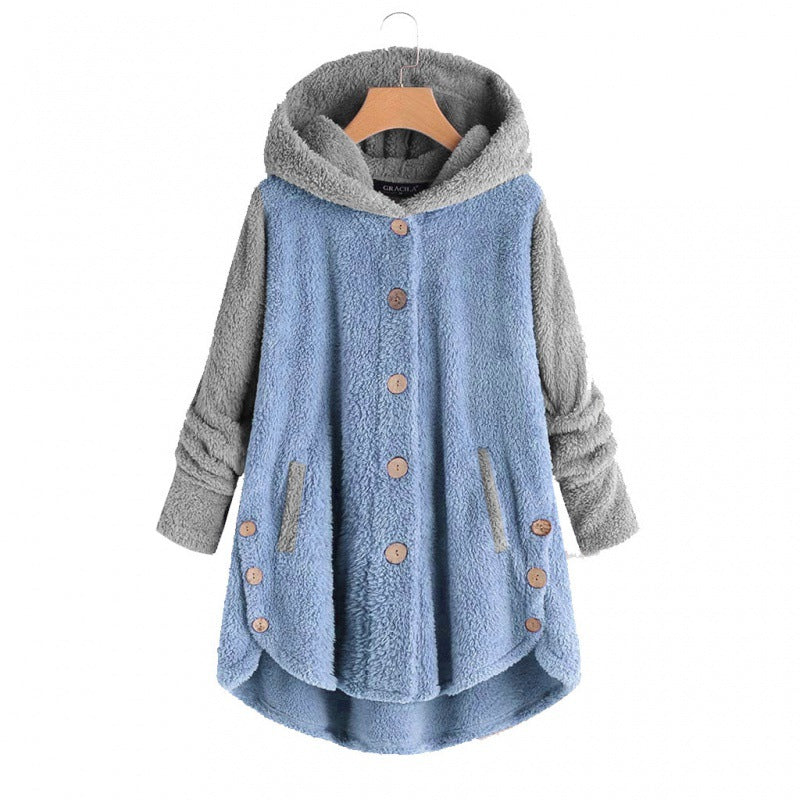 Women's Oversized Teddy Coat with Hood, Asymmetrical Zigzag Hem and Wooden Button Placket Mune Fashion