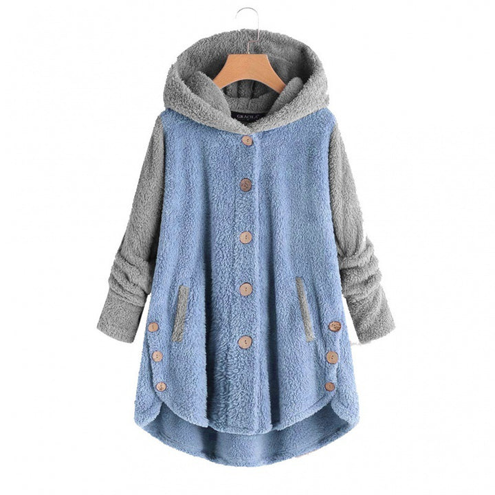 Women's Oversized Teddy Coat with Hood, Asymmetrical Zigzag Hem and Wooden Button Placket Mune Fashion