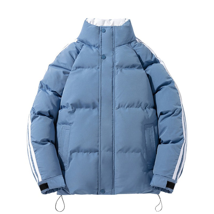 Men's sporty quilted winter jacket with high stand-up collar, sleeve stripes, and adjustable hem Mune Fashion