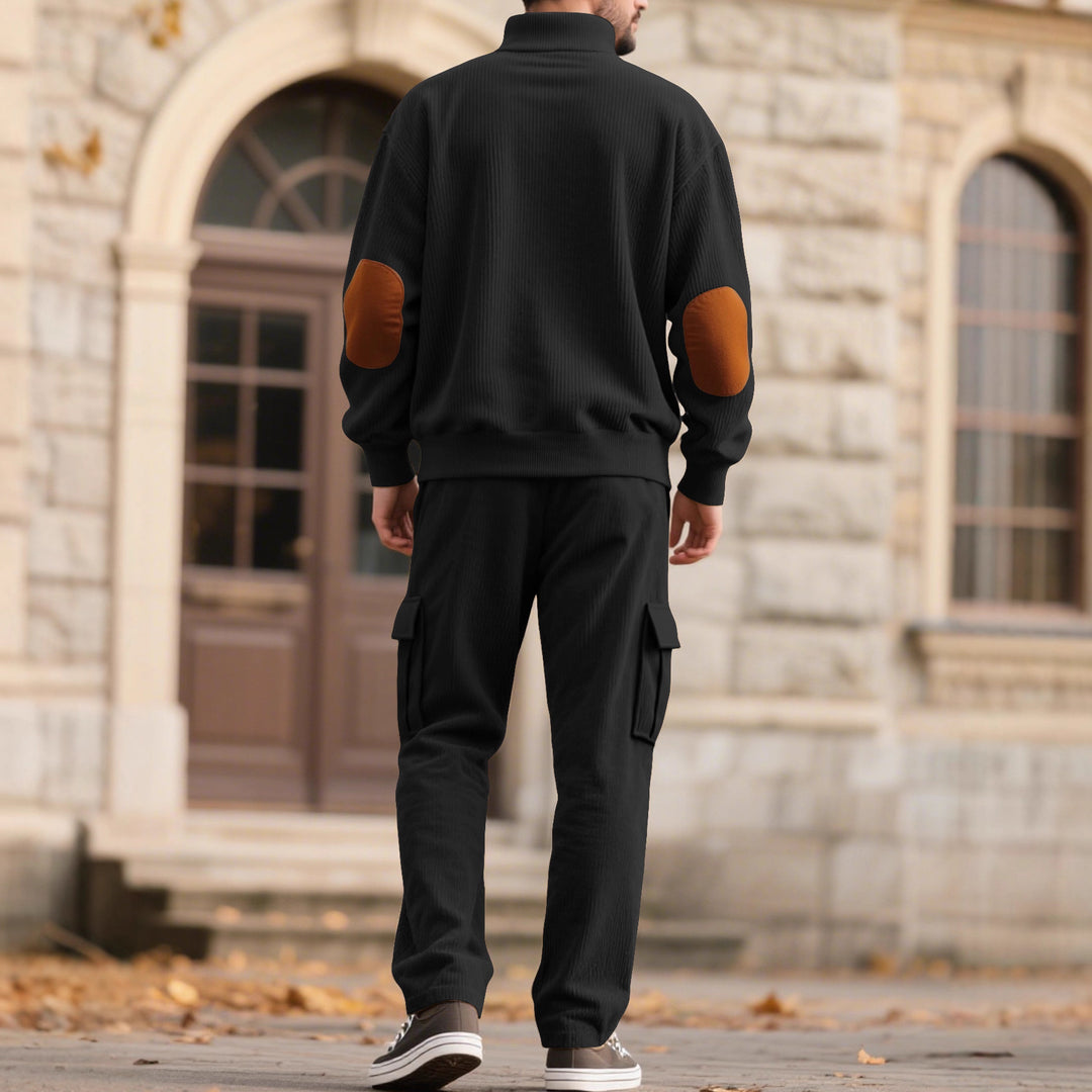 Men's structured turtleneck pullover with stand-up collar, press stud placket, and velour elbow patches Mune Fashion