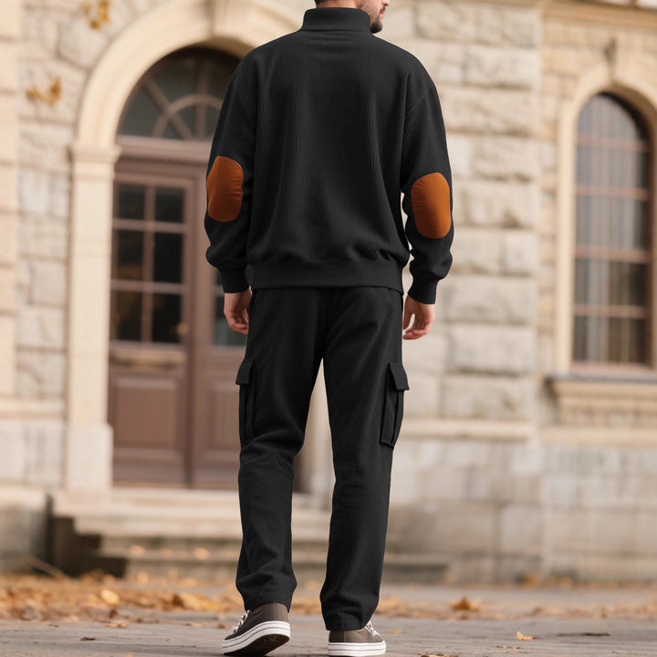 Men's structured turtleneck pullover with stand-up collar, press stud placket, and velour elbow patches Mune Fashion