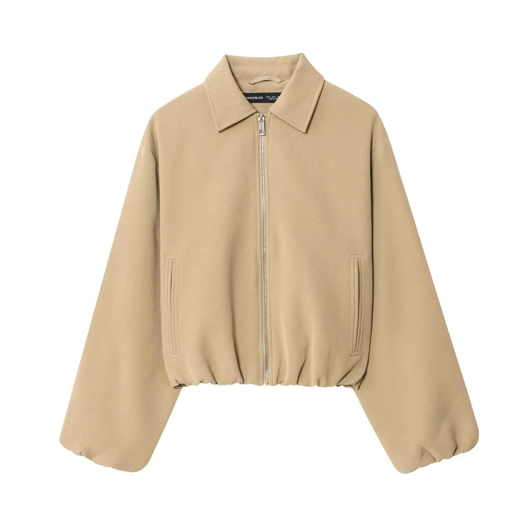 Women's cropped blouson jacket with shirt collar, concealed metal zipper, and elastic hem Mune Fashion