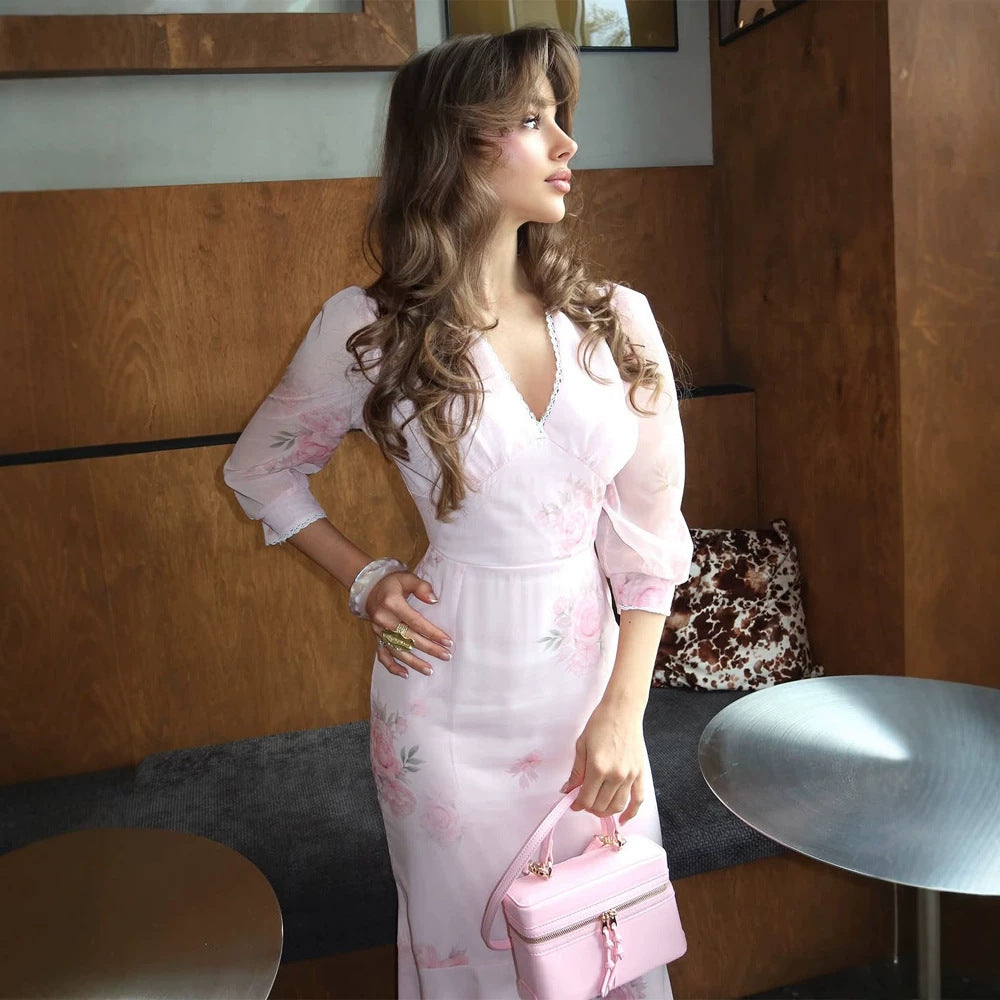 Ladies Elegant Maxi Dress in Mermaid Cut with V-Neck and Transparent Puff Sleeves Mune Fashion