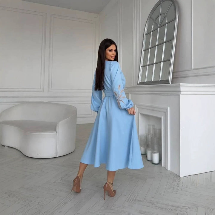 Women's Wrap Midi Dress with Waist Belt, High Slit and Embroidered Balloon Sleeves Mune Fashion