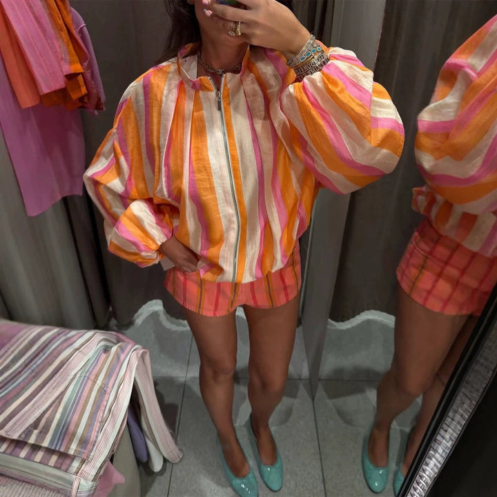 Women's Striped Lightweight Bomber Jacket with Balloon Sleeves and Stand Collar Mune Fashion