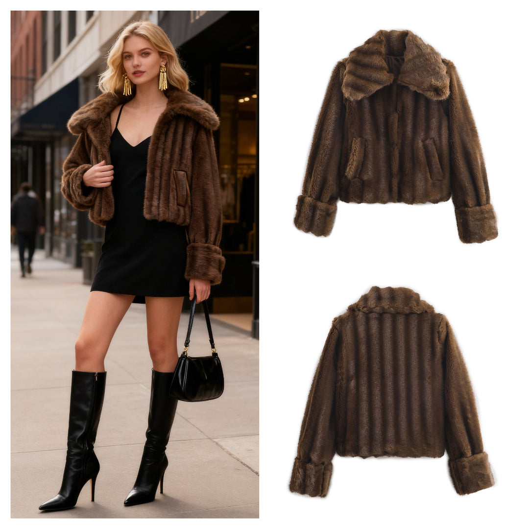Women's Short Faux Fur Jacket with Voluminous Shawl Collar and Patch Pockets Mune Fashion