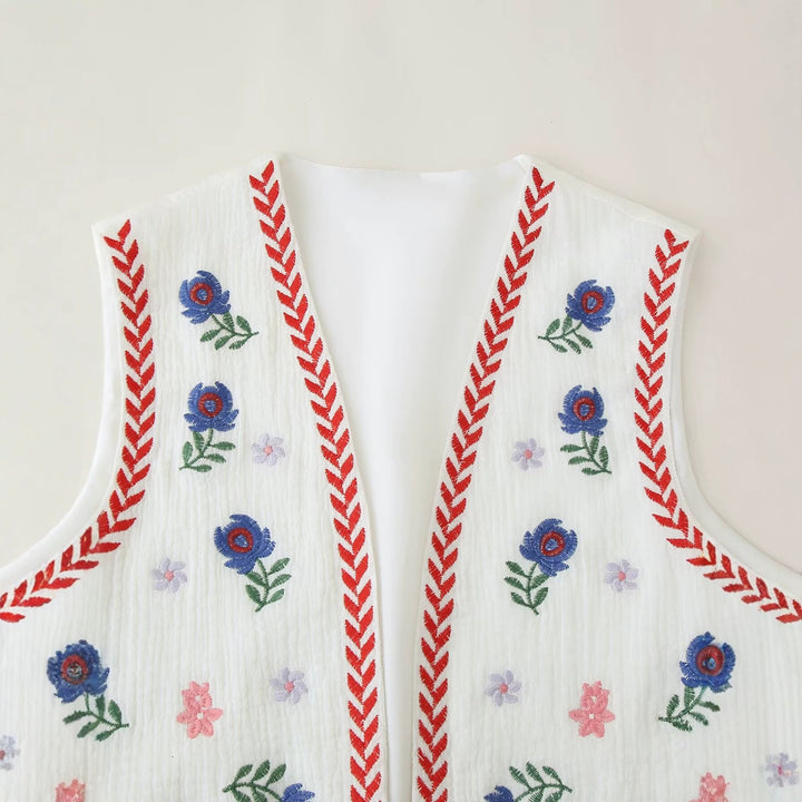 Women's Embroidered Cotton Vest in Boho Style with V-Neck and Decorative Trim Mune Fashion