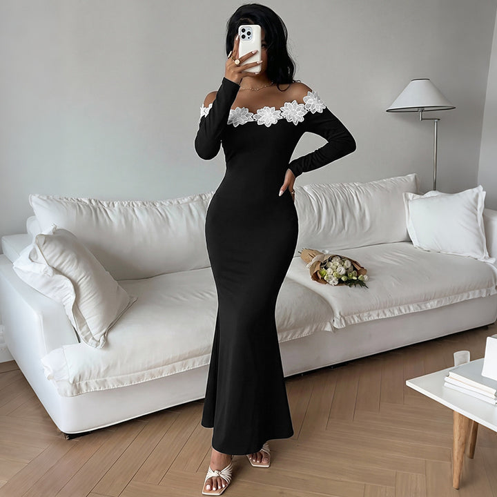 Women Elegant Off-Shoulder Maxi Dress with Lace Inserts Mune Fashion