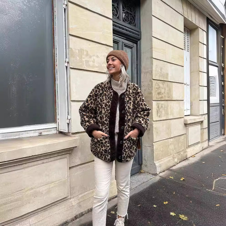 Women’s faux sheepskin jacket with leopard pattern, cord trim, full button placket, and patch pockets Mune Fashion