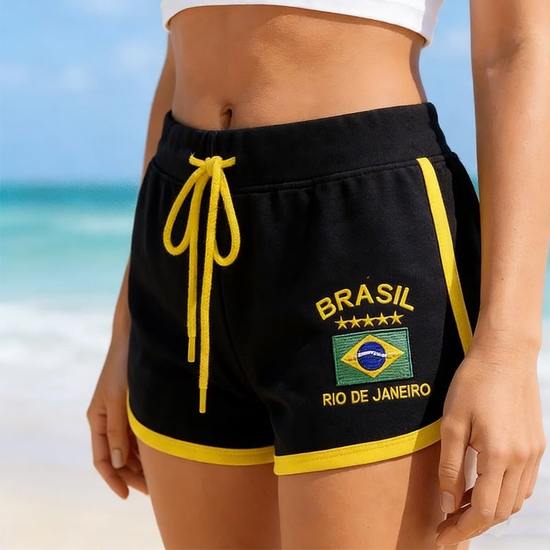 Women's beach and leisure sweat shorts with embroidered Brazil fan patch, elastic comfort waistband and drawstring Mune Fashion