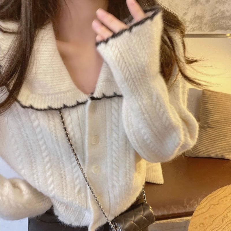 Women's cable knit cardigan with large sailor collar and contrasting edge Mune Fashion