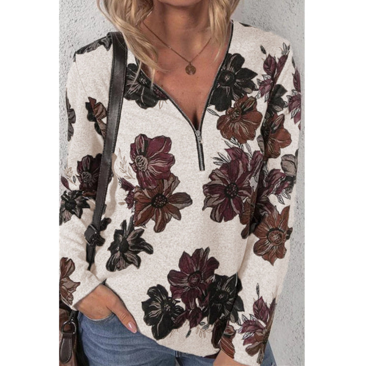 Women's Loose V-Neck Long Sleeve Shirt with Short Zip and Floral Allover Print Mune Fashion