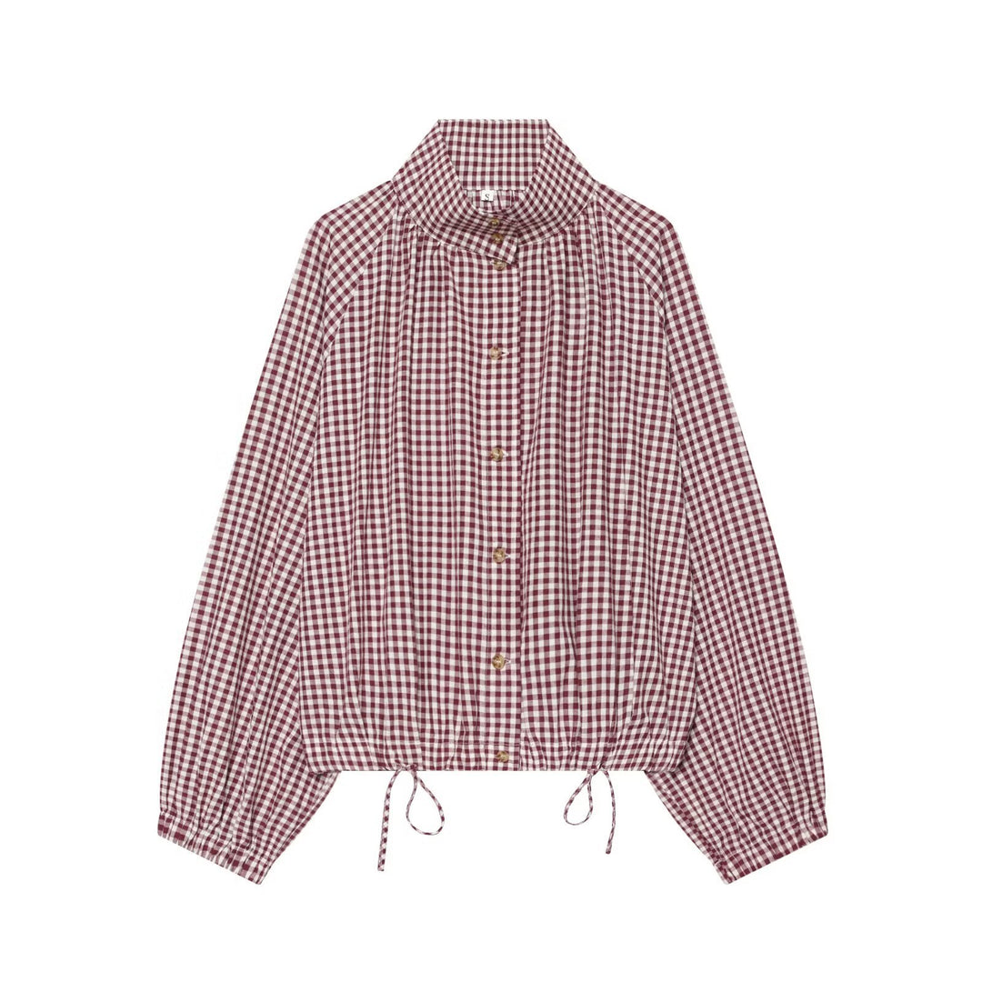 Women checked blouse with stand-up collar and drawstring hem Mune Fashion