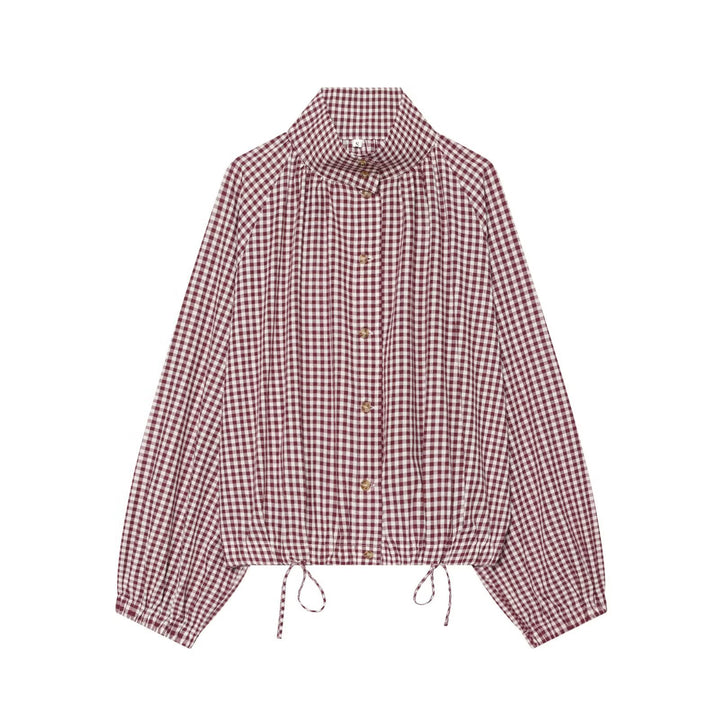 Women checked blouse with stand-up collar and drawstring hem Mune Fashion