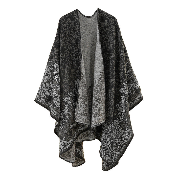 Women's Jacquard Poncho with Oriental Pattern and Open Front Mune Fashion