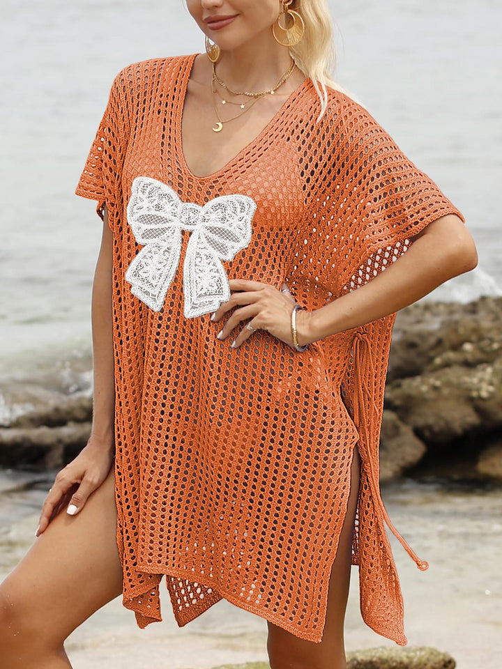 Ladies airy crochet beach cover-up with decorative bows