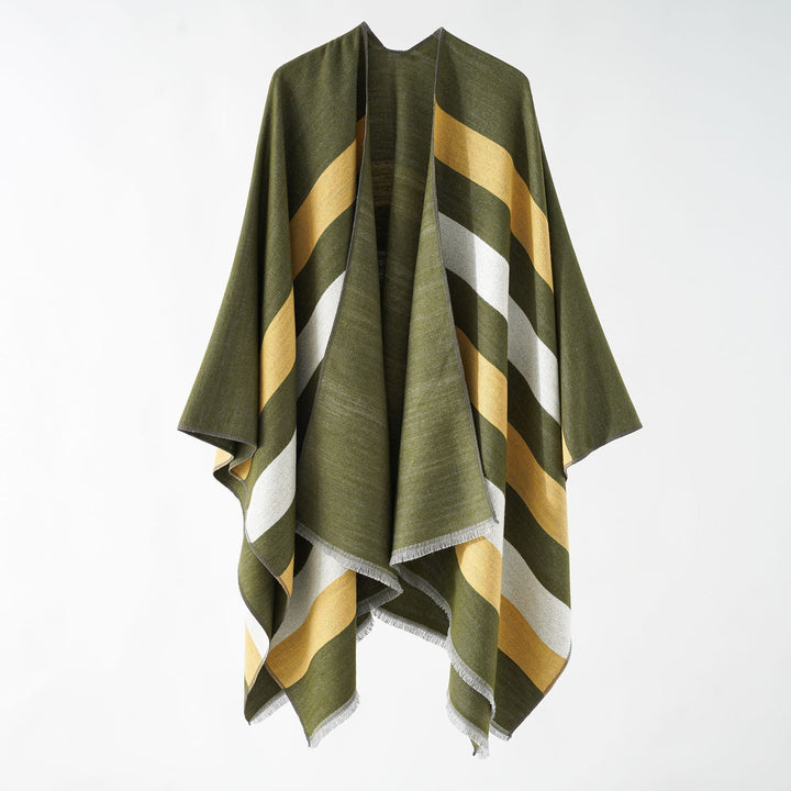 Women's Fine Wool Blend Cape with Diagonal Stripe Structure and Fringed Hem Mune Fashion