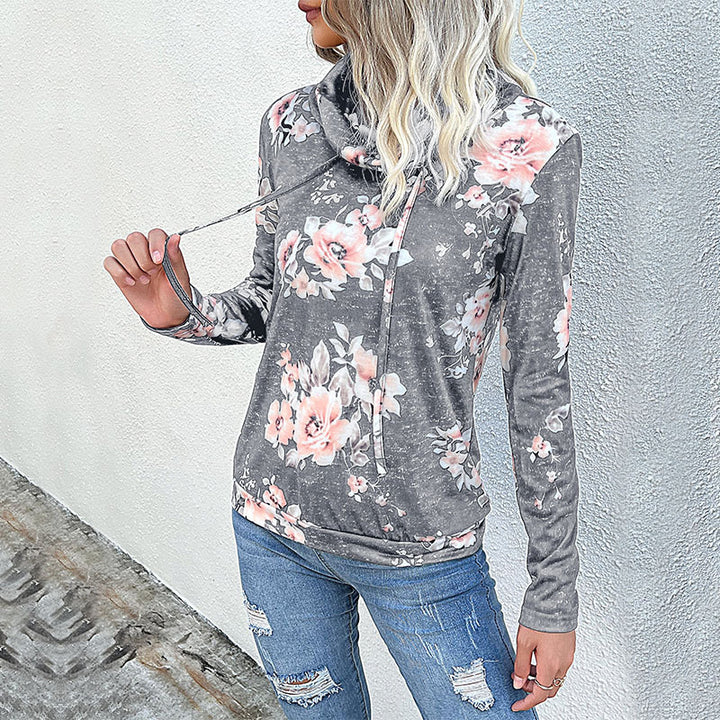 Women's Floral Lightweight Hooded Pullover with Cascade Collar and Drawstring Mune Fashion