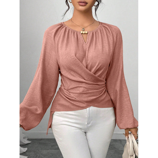 Women Tailored Wrap Blouse with Pearl Detail and Balloon Sleeves Mune Fashion