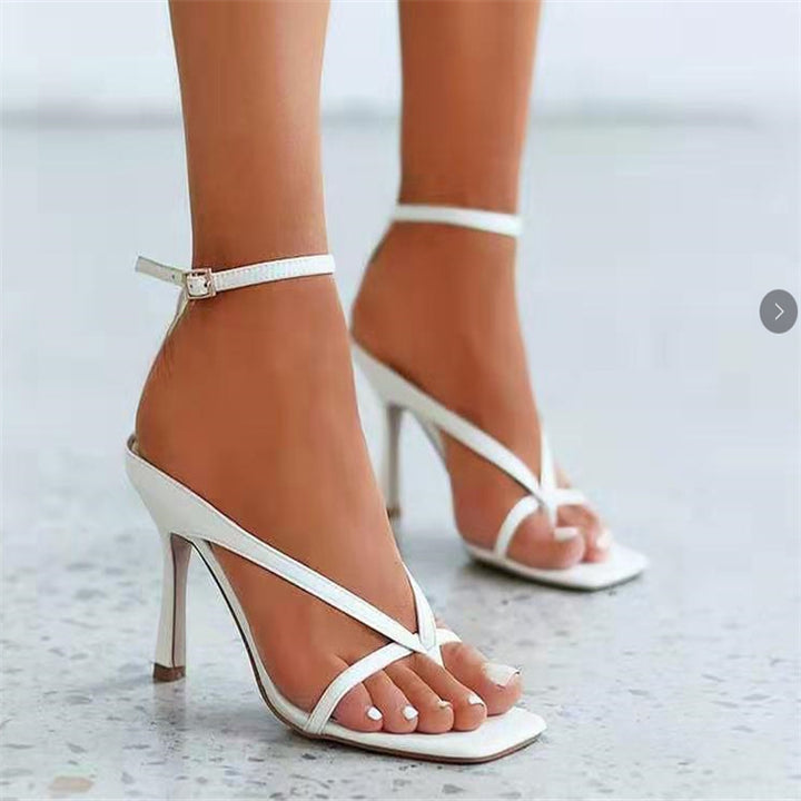 Women's filigree toe-ring sandals with square toe shape, crossed straps, and fine stiletto heel Mune Fashion