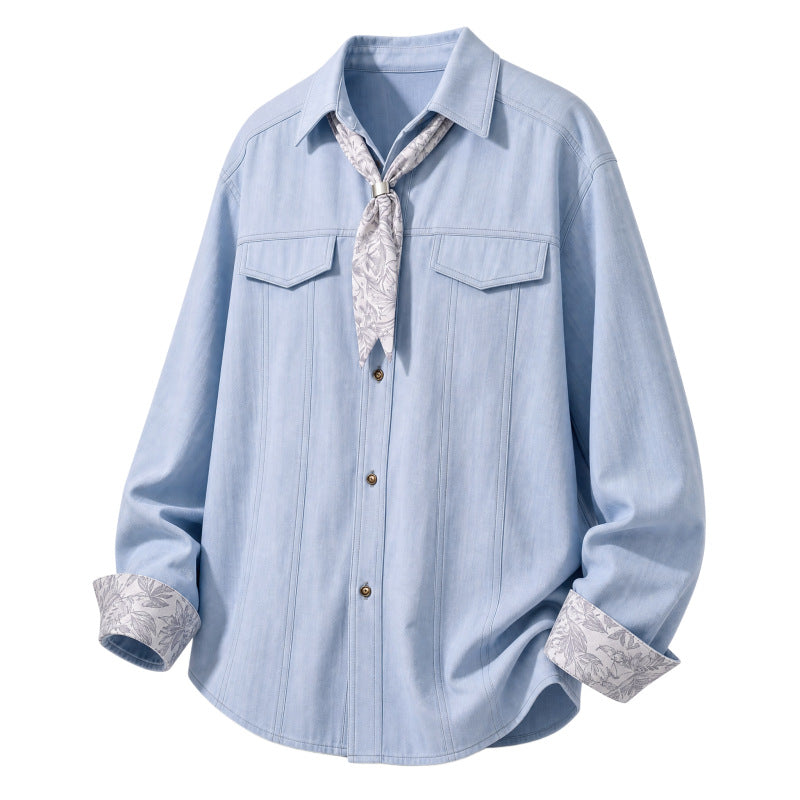 Women's Oversize Chambray Blouse with Decorative Seams, Chest Pockets & Integrated Neck Scarf Mune Fashion
