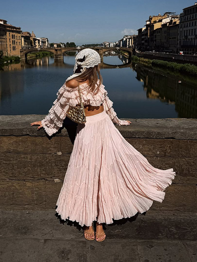 Women's Boho Two-Piece with Cropped Ruffle Top and Pleated Maxi Skirt Mune Fashion