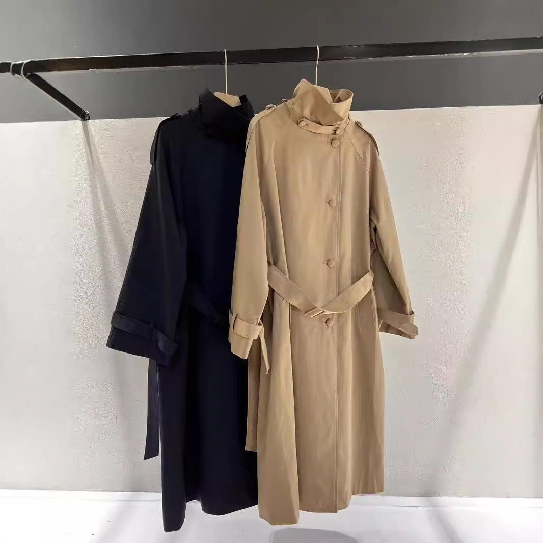 Women's Maxi Length Trench Coat with Concealed Button Placket, High Standing Collar and Waist Belt Mune Fashion