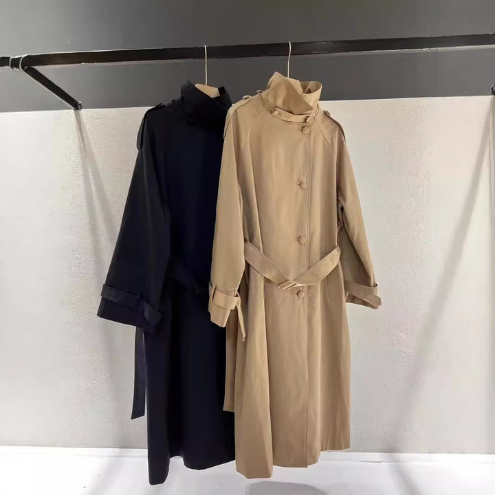 Women's Maxi Length Trench Coat with Concealed Button Placket, High Standing Collar and Waist Belt Mune Fashion