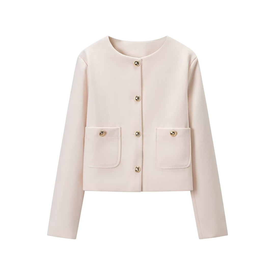 Women's cropped wool blend jacket with round neck, patch pockets and gold decorative buttons Mune Fashion