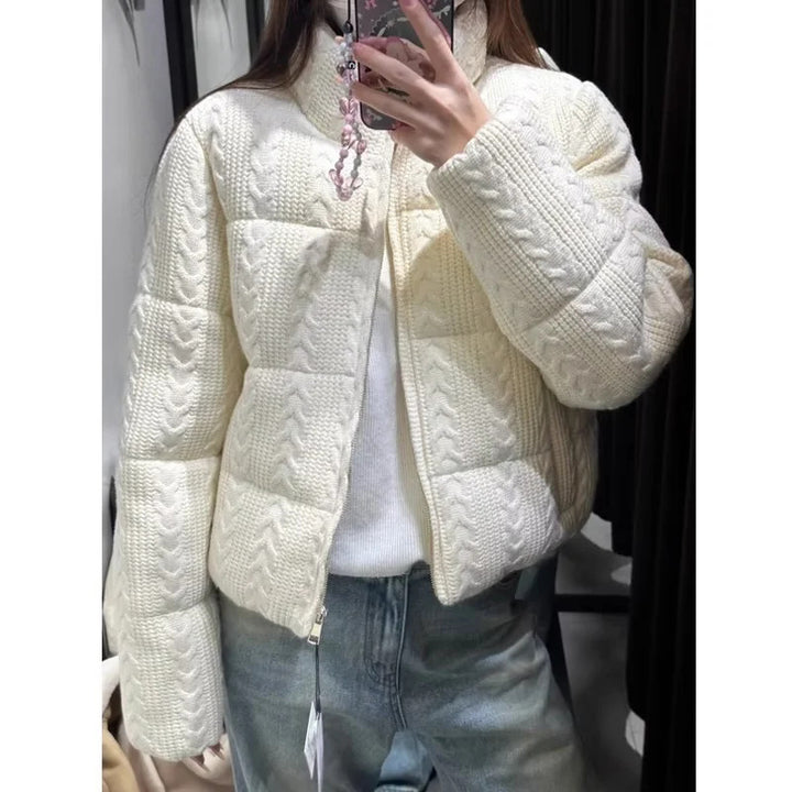Women's quilted knit jacket with cable knit look, padded thermal filling and high stand-up collar Mune Fashion