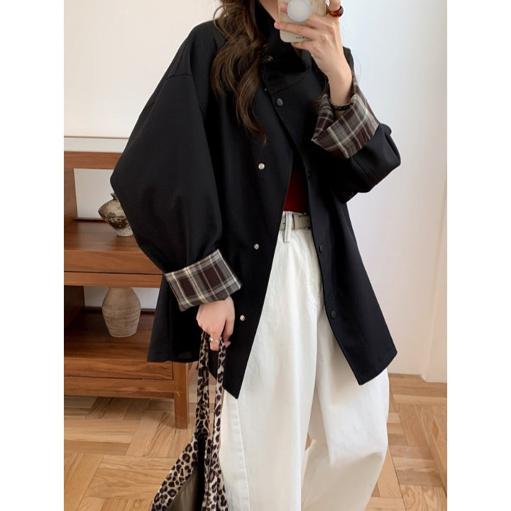 Women's Oversized Short Jacket with Snap Placket and Checked Sleeve Cuff Mune Fashion