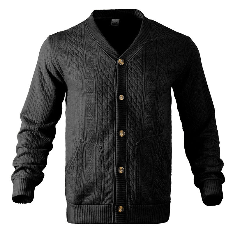 Men's Structured Knit Cardigan with Cable and Waffle Pattern, Button Placket and Patch Pockets Mune Fashion